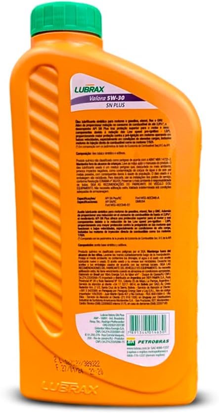 Alternative view of Oleo De Motor Lubrax Valora 5w30 Api Sn 1l